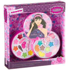 Набор детской декор. косметики Bondibon Eva Moda, BOX 27,5*26*5 см; косметичка-диск, 2х-уровневая, раздвижная: крышка-зеркальце поворот на 360о, тени для век 11 оттенков (8,3г), блеск для губ 11 оттенков (7,6г), 2 аппликатора; арт.10678F2.